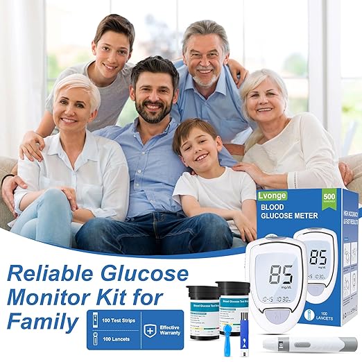 Glucose Monitor Kit, High Accuracy Blood Sugar Testing Kit with 100 Glucometer Strips & 100 Lancets, Larger-Screen Glucose Monitor with Lancing Devices, No Coding, Portable for Home or Travel