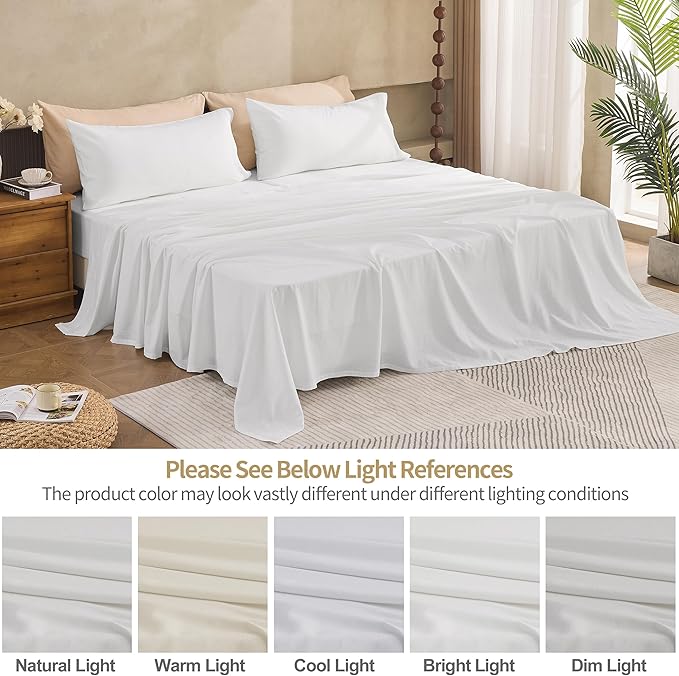 Simple&Opulence Belgian Linen Sheet Set Solid Color - 5 Pieces (1 Flat Sheet, 2 Fitted Sheets & 2 Pillowcases) Natural Flax Cotton Blend Soft Breathable Farmhouse Bedding - Split King Size, White