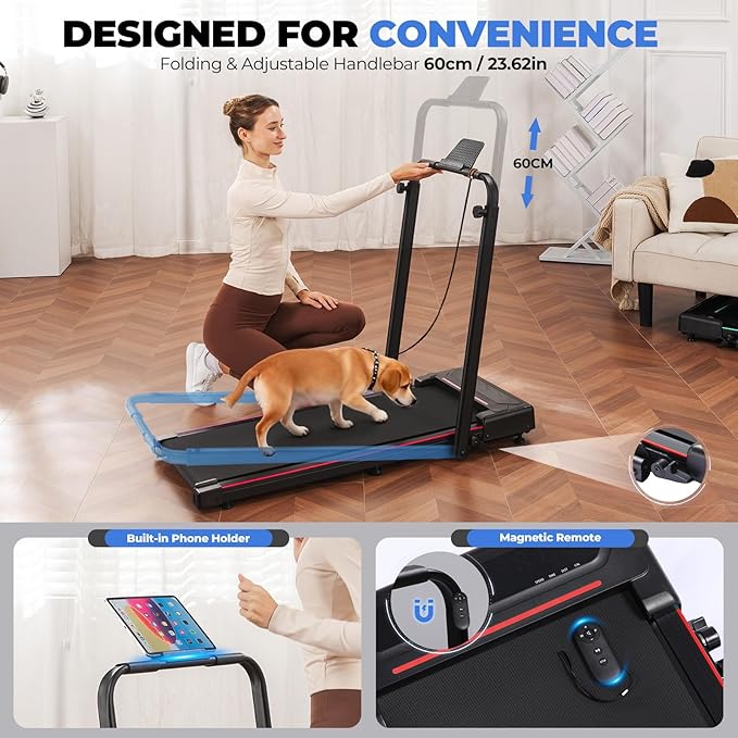 GTPLAYER Walking Pad Treadmill with Adjustable Height Handle Bar, 3HP Quiet Foldable Under Desk Treadmill, Portable Treadmills for Home 350LBS with Remote Control LED Display