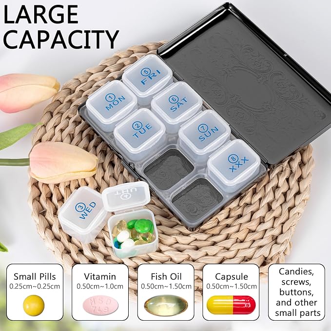 Pill Organizer 7 Days 8 Compartments, Travel Metal Pill Box, BPA-Free Portable Pill Box (Pattern Black, Large)