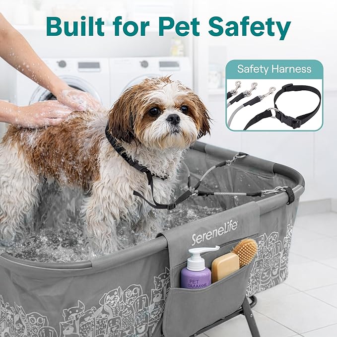 SereneLife Foldable Dog Bath Tub with Adjustable Height, 360° Access, Drain Hose & Storage Pockets – 130 lb Capacity Grooming Station for Indoor/Outdoor Use (Gray)