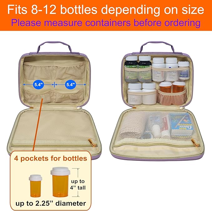 Large Travel Pill Bottle Organizer, Slim Medicine Bag, Carrier for Medications and Medical Supplies - Purple Ultrasonic