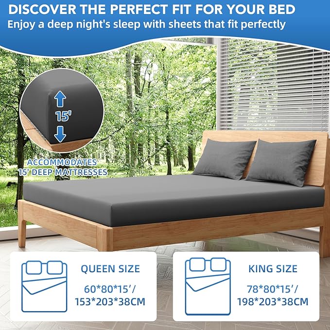 Grounding Sheets King Size – 95% Organic Cotton + 5% Silver Fiber Fitted Earth Sheets with Grounding Cord, Grounding Well Bed Sheets for Healthy Sleep (Gray, 78"x80"x15")