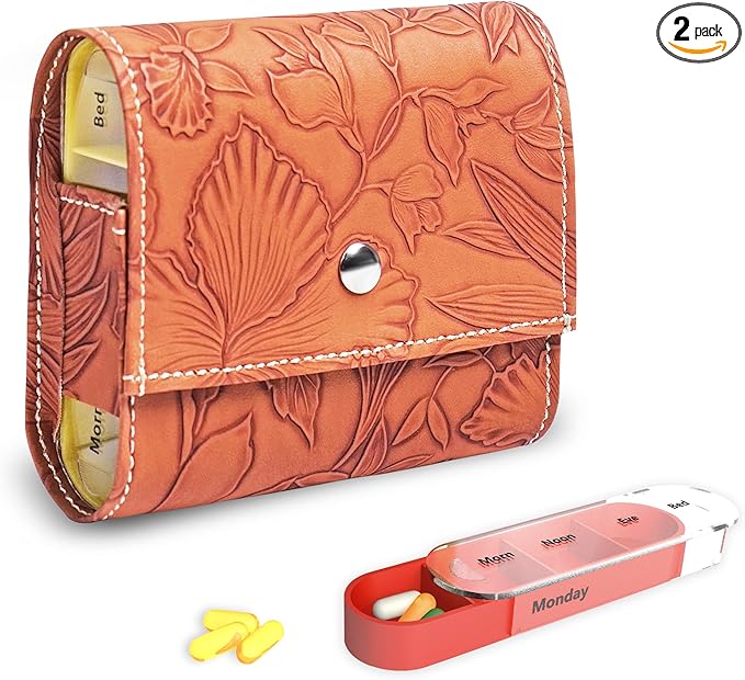 Pill Organizer,LIZIMANDU Weekly Travel Pill Case Box Medication Reminder Daily AM PM, Day Night 7 Compartments,for 4 Times A Day, 7 Days a Week-Includes Leather PU Carrying Case(1-Carved Brown)