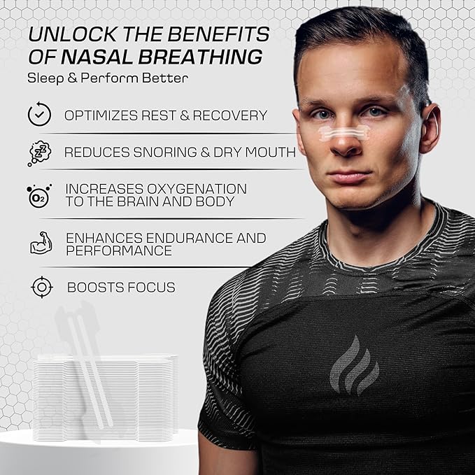 Performance Nose Strips for Breathing (60 Count) - Oil & Sweat Proof Adhesive - Athletic Nasal Strips for Snoring & Sleeping - Improves Oxygen Delivery, Drive, Sleep & Reduces Snoring (Slim Clear)