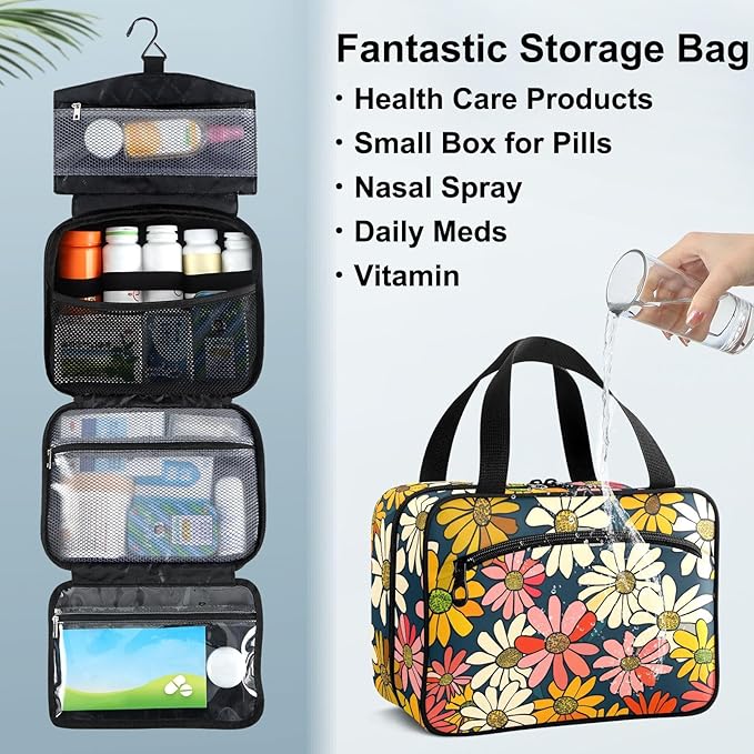 Fustylead Vibrant Vintage Groovy Daisy Flowers Travel Medicine Organizer Bag Home Storage First Aid Kit Large Pill Case with Zipper for Pill Bottle, Vitamins, and Medical Supplies