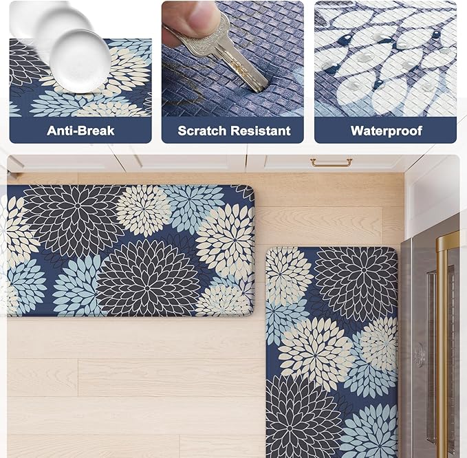 KIMODE Anti Fatigue Kitchen Mats for Floor, Boho Floral Kitchen Rugs 24" x 71", Wide Long Cushioned Mats for Kitchen Floor, Non Slip Kitchen Floor Mats for Sink Laundry Office,Blue Multi