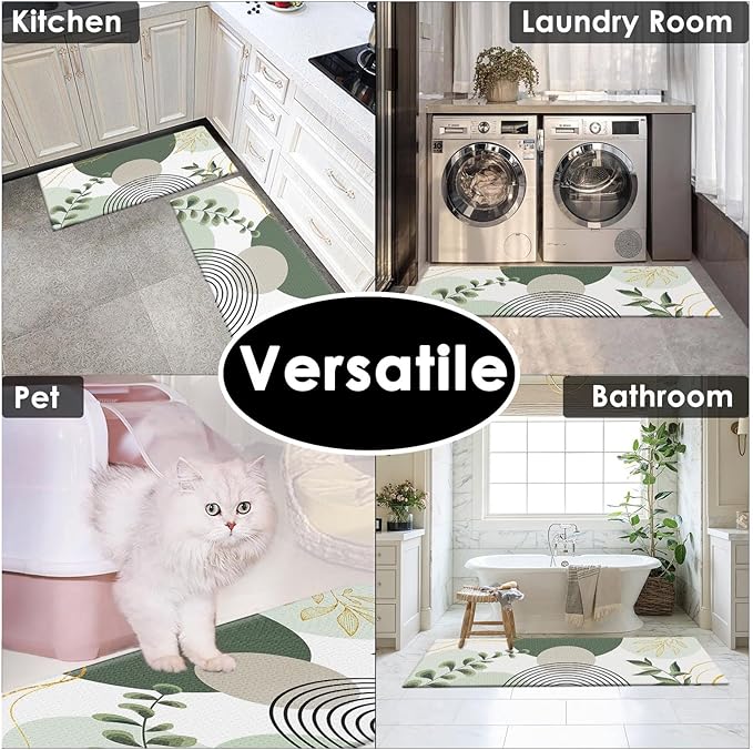 Kitchen Mats for Floor 2 PCS, Anti Fatigue Mat Set, Boho Cushioned Non Slip Waterproof Kitchen Rugs, Wipe Clean PVC Leather Runner for Sink, Laundry, Office, 17"x47"+17"x29", Green