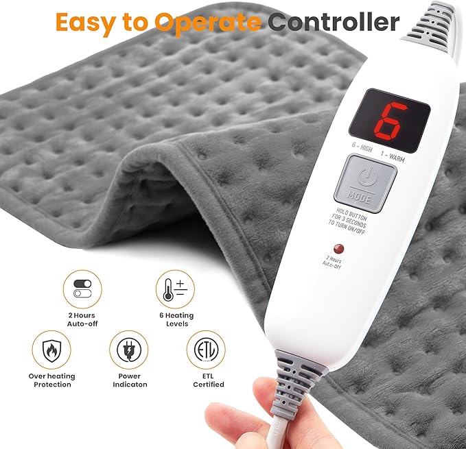 Electric Heating Pad for Back Pain Relief & Cramps - 6 Heat Settings,Auto Shut Off,Moist Heat Options,Portable Heated Pads for Neck/Shoulder Machine Washable Gift for Men Women,Grey,20"x24"