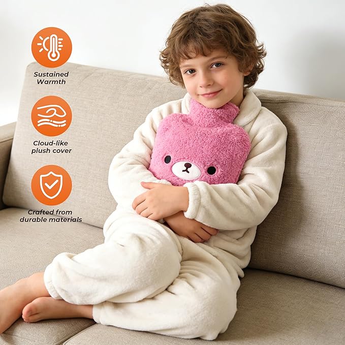 samply Hot Water Bottle with Cute Fleece Cover, Hot Water Bag for Hot and Cold Compress, Hand Feet Warmer, Neck and Shoulder Pain Relief, Purple Bear