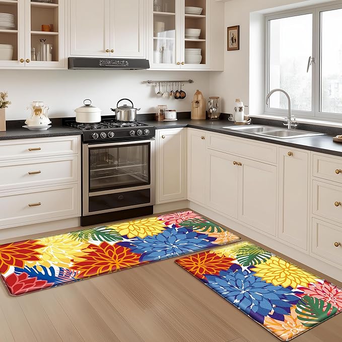Kitchen Mats for Floor 2PCS Cushioned Anti Fatigue Kitchen Mats Waterproof Non Slip Kitchen Mat Rug Set Comfort Foam Standing Mat for Sink, Laundry, Office,17.3" x 28" + 17.3" x 59", Colorful