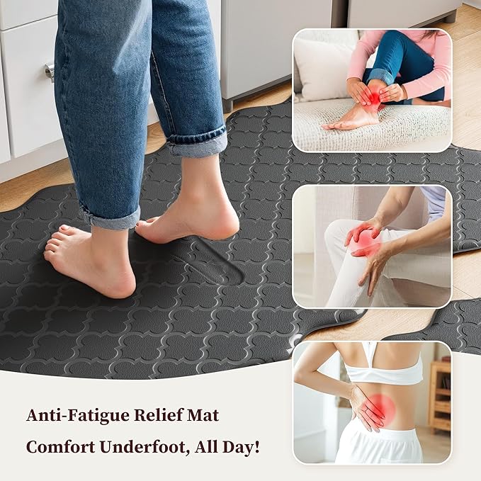 Upgrade Scalloped Embossed Kitchen Mats for Floor 2PCS Cushioned Anti Fatigue Waterproof Foam Kitchen Rugs Non Slip Washable Comfort Standing Mat for Sink Laundry, 17.3"x30"+17.3"x59", Black