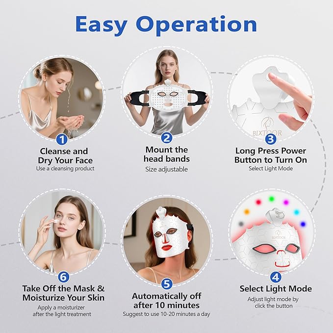 Red Light Therapy Mask, 7 Colors Red Light Therapy for Face, Portable Rechargeable LED Face Mask Light Therapy for Reduce Wrinkles, Skincare at Home and Travel, White