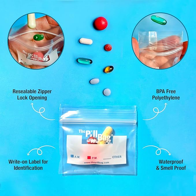| Medicine Pill Organizer with Labels for AM/PM | Resealable Disposable Pill Pouches for Medicine, Vitamins, Gummies | Plastic Pill Bags for Travel | Standard Size | 100 Count