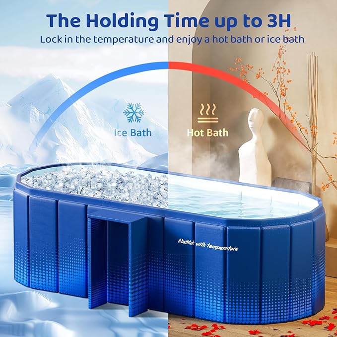 Portable Foldable Bathtub, Freestanding Bathtub No Installation, Bathroom SPA Soaking Bath Tub, Shower Stall Collapsible Hot & Ice Bath Tub (Blue with Storage Rack, ‎47.2"L x 21.6"W x 19.6"H)