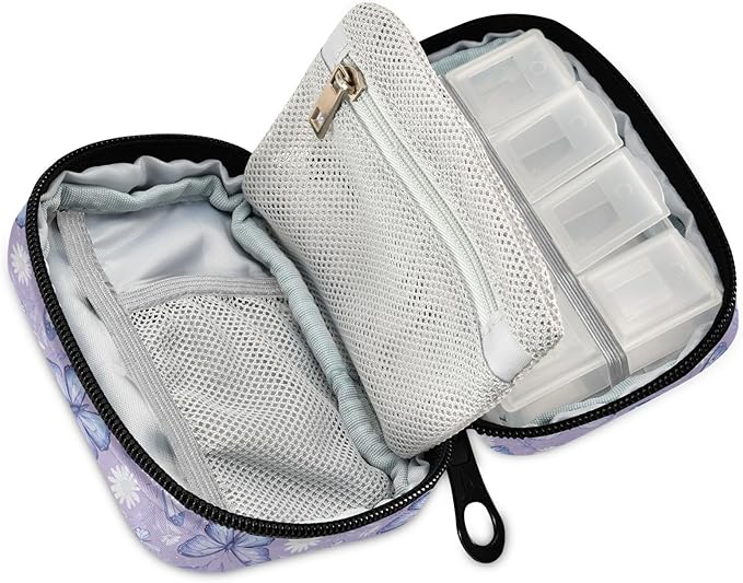Purple Butterfly Floral Medication Organizer Bag Travel Size Full-Print Zippered Pill Case with Compartments for Handbags Backpacks & More