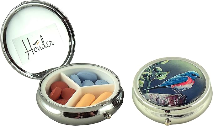 Designer Pill Box by Houder - Decorative Pill Case with Gift Box - Carry Your Meds in Style (Blue Bird)