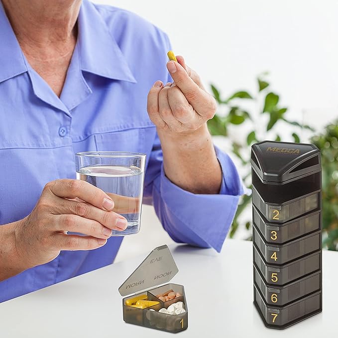 MEDCA Moisture Proof Weekly Stackable Pill Organizer - BPA Free, Weekly Pill Box Case with 3 Daily Compartments - Black Pill Box to Store Pills, Vitamins, Supplements