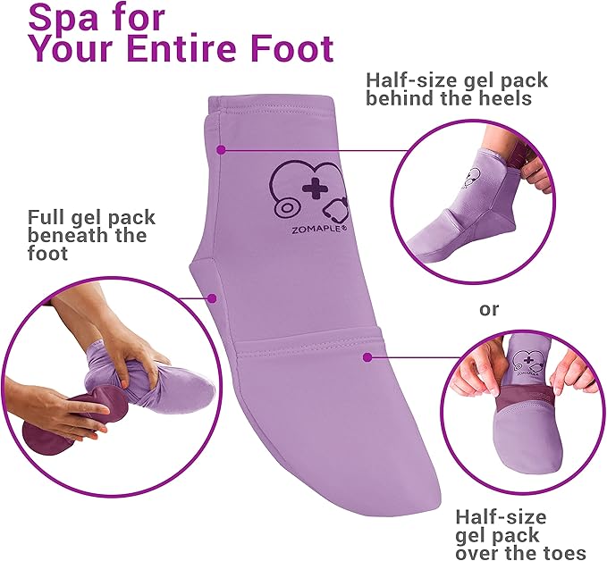 ZOMAPLE Cold Therapy Socks + Gel Packs, Purple, Medium – Soothe Burning Feet & Reduce Swelling – Hot/Cold Use, Touch Fasteners & Comes with 2 Large & 2 Small Gel Packs – Versatile Foot Ice Pack Wrap