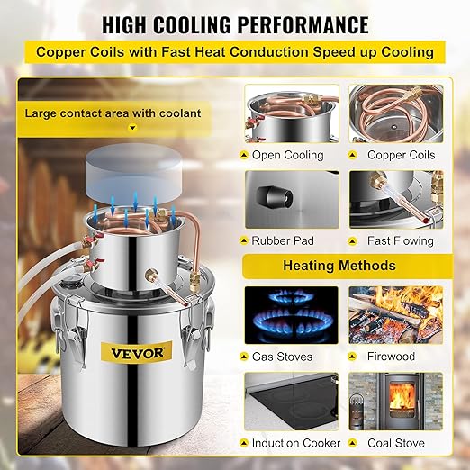 VEVOR Alcohol Still 5Gal/20L Alcohol Distiller Stainless Steel Distillery Kit for Alcohol with Copper Tube Home Brewing Kit Build-in Thermometer for DIY Whisky Wine Brandy