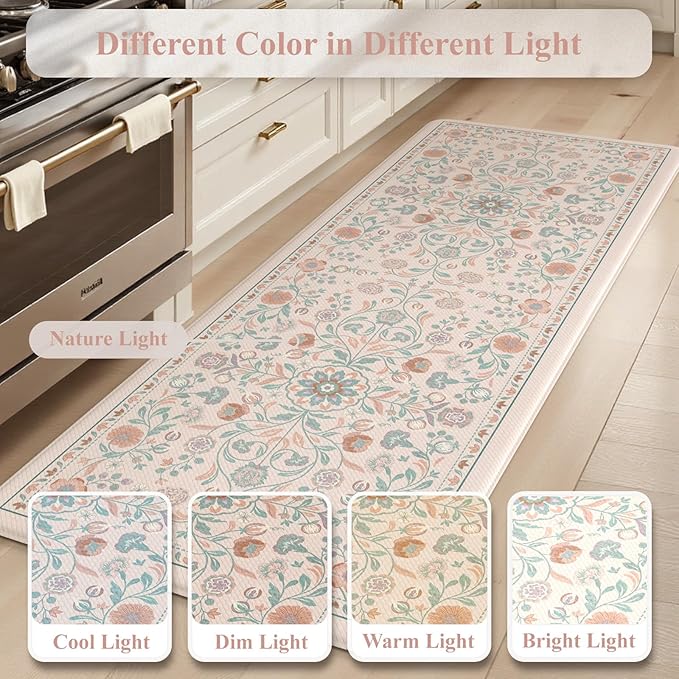 KIMODE Comfort Kitchen Mats Cushioned Anti Fatigue,Boho Floral Kitchen Rugs Sets of 2 Non Slip,Padded Memory Foam Ergonomic Standing Carpet for Laundry Sink Office,Pink