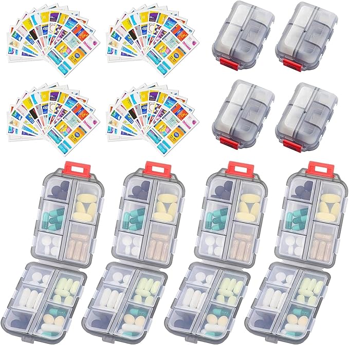 4PCS 7-Day Pill Organizer with Labels – Compact Daily Medication Case | Travel-Sized (3.7" x 2.4") Secure Lock | AM/PM Compartments | Includes 300+ Common Medicines Vitamins Health Product Sticker