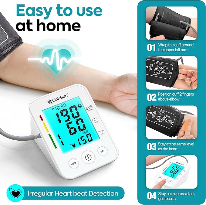 Blood Pressure Monitor for Home Use with Large Upper Arm Cuff, Blood Pressure Machine with 100 Memory Recalls for 2 Users, Large LCD Screen, Charging Cable - 2008