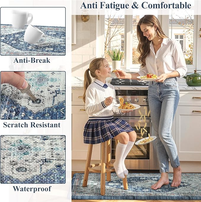 Collive Boho Kitchen Floor Mats, Cushioned Anti Fatigue Kitchen Runner Rugs, Comfort Non Slip Standing Mats for Floor, Laundry, Office, Sink, 17.3''x59'' Dark Blue