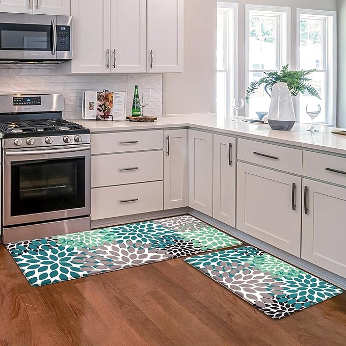 Likiyol Kitchen Mats for Floor [2 PCS] Anti-Fatigue Comfort Kitchen Rugs, Boho Flower Cushioned Waterproof Kitchen Decor Mat Thick, Standing Floor Mats for Home/Office, 18''x30''+18''x48''(Teal)