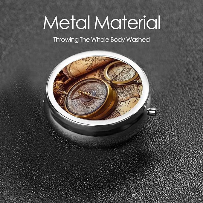 Compass and Old World Map Pill Box 3 Compartment Small Pill Case for Purse & Pocket Decorative Metal Medicine Case Travel Pillbox Round Pill Organizer Vitamin Container Unique Gift