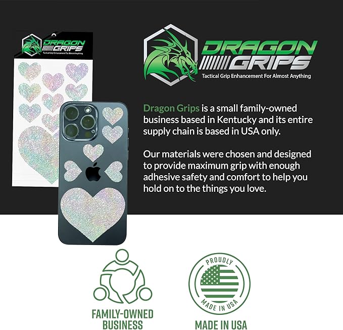 Dragon Grips Heart Stickers - 10 Pcs Holographic Heart-Shaped Rubberized Grip Stickers - Waterproof, Multi-Purpose, Non-Slip, Textured Cell Phone Grip Tape for Laptop, Mouse, Tablet, iPad, iPhone Case