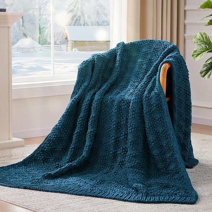Knitted Weighted Blanket for Adult, Chunky Knit Weighted Throw for Sleep 48"*72" 12lbs, Cooling Breathable Heavy Blanket for Hot Sleepers, Machine Washable Blanket for Room Decor(Peacock)