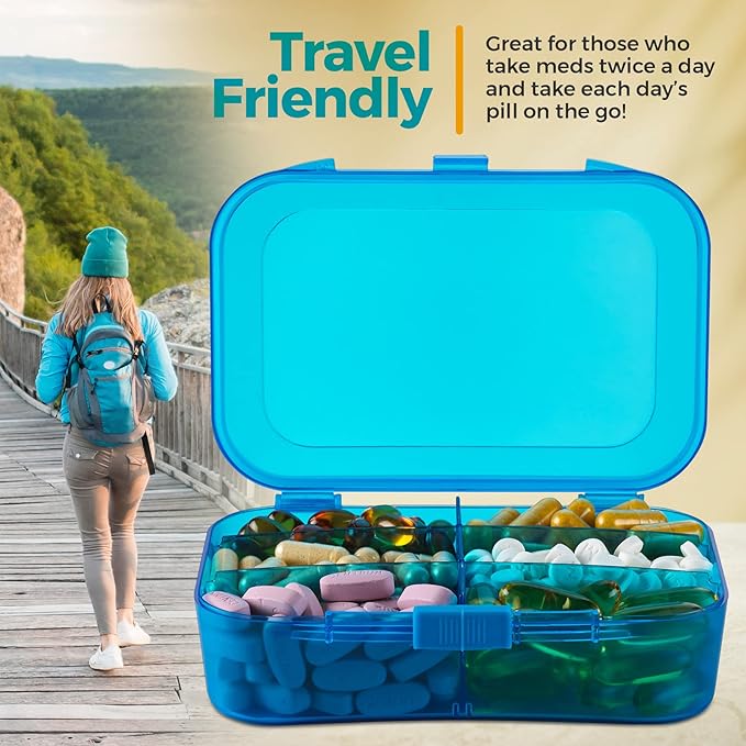 Pill Organizer Case - (Pack of 2) Portable 6 Compartment Daily Travel Medicine Reminder Box for Your Pills, Medications, Supplements, Vitamins and Fish Oils, Blue
