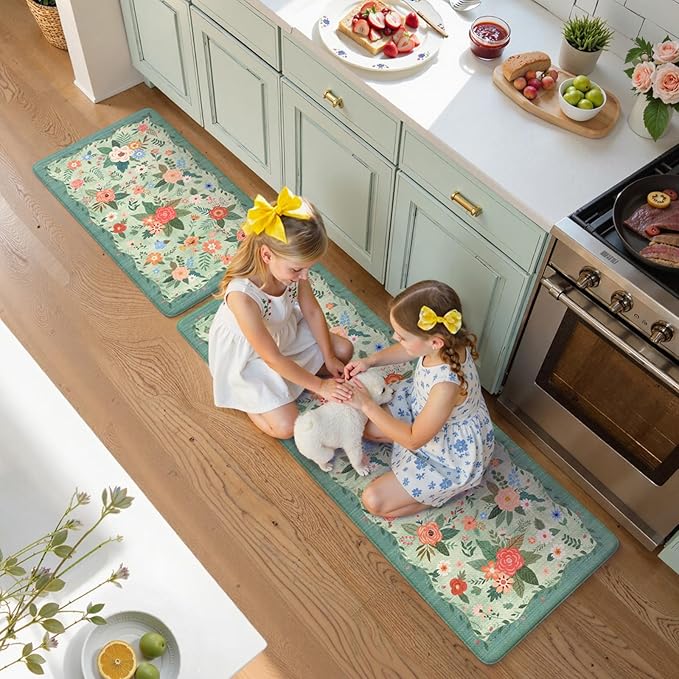 KIMODE Anti Fatigue Mats for Kitchen Floor 17"x47"+17"x29",Green Farmhouse Kitchen Rugs Sets of 2, Cushioned Kitchen Floor Mats Non Skid, Memory Foam Mats for Laundry Office Sink Desk