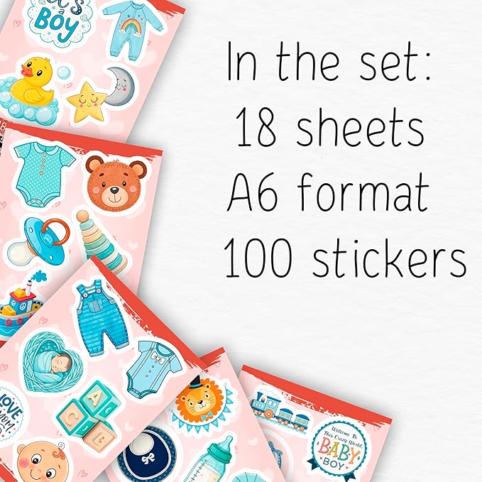 100Pcs Baby Boy Stickers for Shower Favors, Scrapbooking - Newborn Stickers - Baby Boy Shower Party Supplies & Decoration