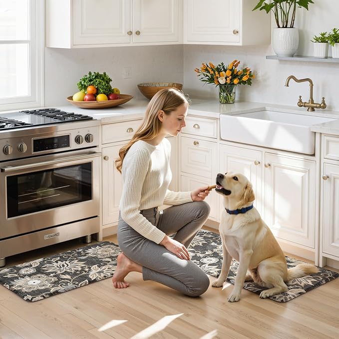 LEEVAN Anti Fatigue Mats for Kitchen Floor 2 Piece,Cushioned Memory Foam Black Kitchen Mats for Floor,Comfort Floral Boho Non Slip Kitchen Floor Mat for Sink,Laundry,Office(17''x29''+17''x47'')