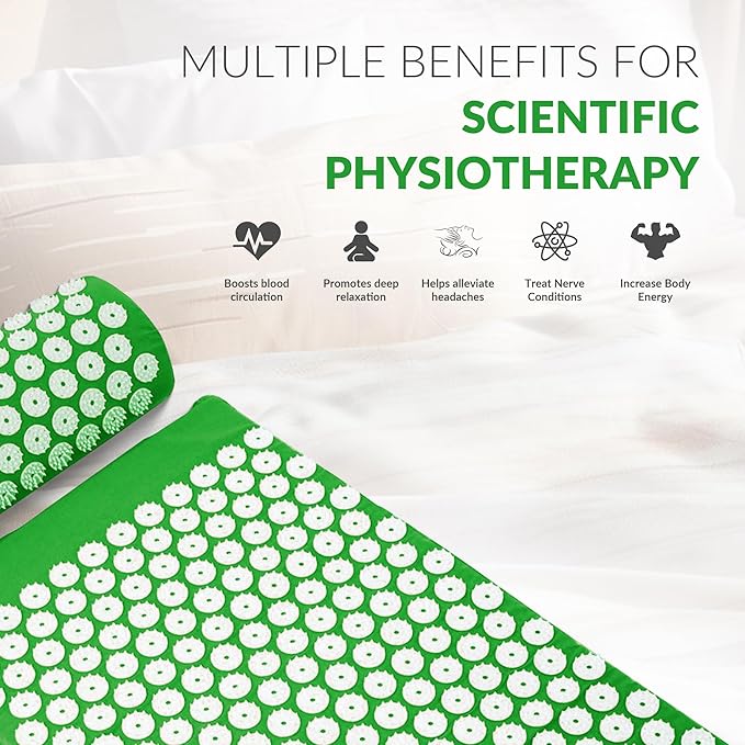 Fitvids Acupressure Mat and Pillow Set for Back/Neck Pain, Acupuncture Products to Relieve Muscle Fatigue, Improve Insomnia for Sedentary People, Acupuncture Eases Stress, Massage Mat, Green