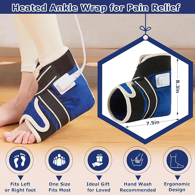 CAMECO 1 Pack Ankle Heating Pad for Pain Relief Arthritis, Heated Foot Ankle Wrap for Sprains, Achilles Tendonitis, Plantar Fasciitis | 86℉-158℉ Temp | 0-90Min Auto Shut Off (Blue)