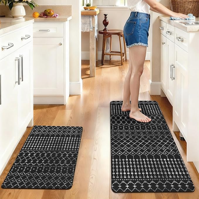 Anti Fatigue Kitchen Rugs Set of 2, Boho Kitchen Mats for Floor, Boho Kitchen Decor, Anti-Slip and Anti-Fatigue Foam Standing Mat,17x30 inch Sink Mat+17x48 inch Runner Rug Black