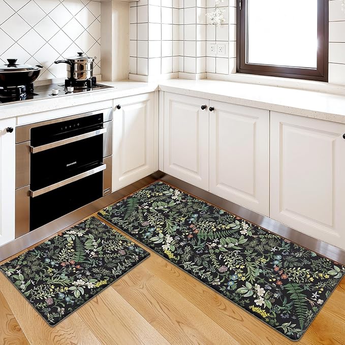 SHACOS Botanical Kitchen Rugs Set of 2 Spring Anti-Fatigue Kitchen Mats Black Green Leaf Cushioned Mats with Leaves Herb Greenery Farmhouse 17x27.5+17x47, Vintage Plants