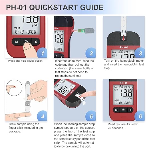 Hemoglobin Test Kits with 25 Hemoglobin Test Strips, Hemoglobin Test Meter Kit for Home Use, Home Hemoglobin Tester, Easy to Use and Read.