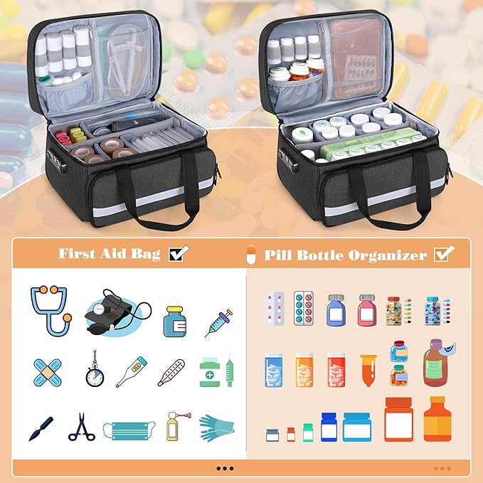 CURMIO Pill Bottle Organizer Storage, Medication Lock Box for Pill Organizer and Medical Supplies, Black (Patented Design)