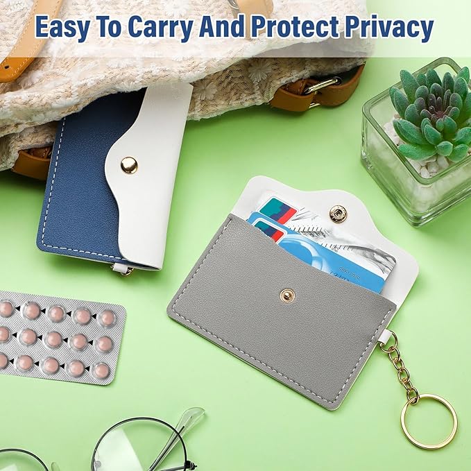 Tondiamo 2 Pack Birth Control Pill Case Holder PU Leather Pill Sleeve Packet 4.33 x 3 Inch Discreet Birth Control Pouch with Snap Closure Key Ring for Pills Card Organizer(Dark Gray, Gray Blue)
