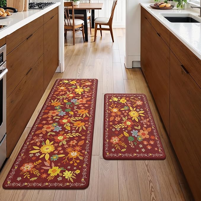 GENIMO Kitchen Mats for Floor 2PCS, Cushioned Kitchen Rugs Non Slip Washable, Farmhouse Anti Fatigue Mat Waterproof, Comfort Standing Mat Rug for Office, Home, Laundry, 17.3"x59"+17.3"x30", Red
