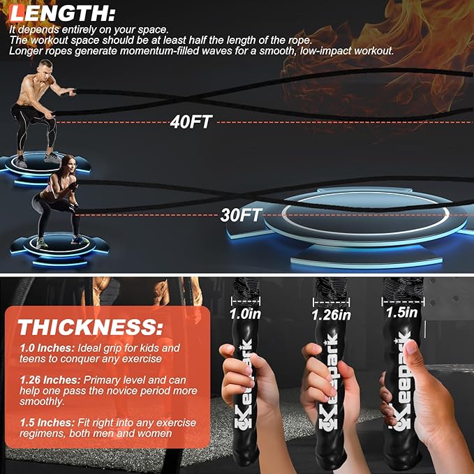 Battle Ropes for Home Gym Exercise: 1.5 Inch Diameter 30FT Length Workout Exercise Rope Training Ropes with Protective Sleeve, Heavy Battle Rope for Workout Exercise Fitness & Strength Training