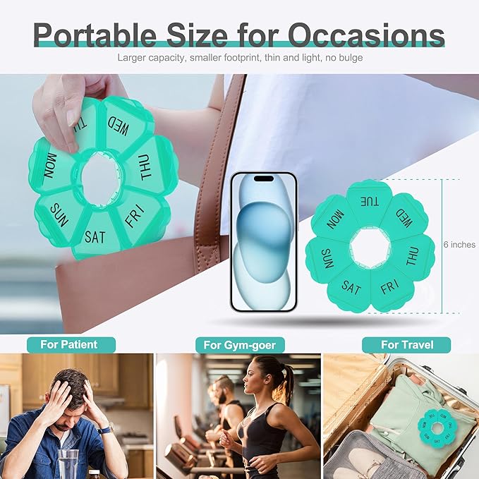 𝐖𝐞𝐞𝐤𝐥𝐲 𝐏𝐢𝐥𝐥 𝐎𝐫𝐠𝐚𝐧𝐢𝐳𝐞𝐫, Thinned and Enlarged 7 Day Pill Organizer, Cute Daily Pill Box with Large Compartment for Travel, Pill Container for Medication, Vitamin, Supplements(Green)