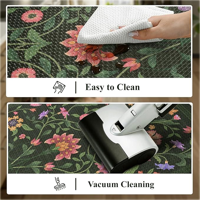 Collive Kitchen Mats for Floor, Cushioned Anti Fatigue Mat Green Floral Rugs 2 Piece Non Skid Waterproof Sink Rug, Memory Foam Comfort Standing Mat for Office, Laundry, Desk, 17.3"x29"+17.3"x47"