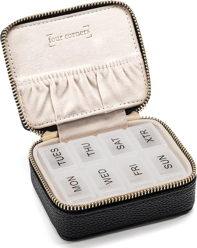 Weekly Pill Organizer 7 Day – Travel Pill Case for Vitamins & Medication, Premium Vegan Leather Pill Box with Removable Daily Compartments, Portable Supplement Organizer with Secure Zipper (Black)