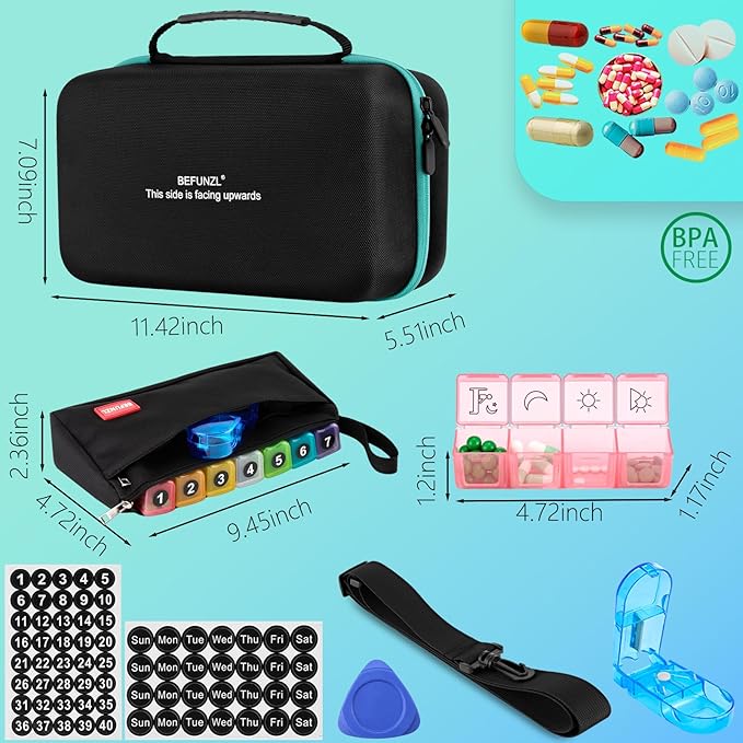 Monthly Pill Organizer, Medicine Organizer Box with Portable Hard Shell and Pill Cutter, 31 Day Pill Holder with Weekly Pill Bag (Green, 4 Times a Day)