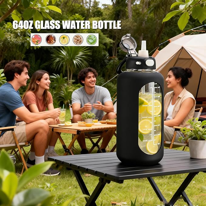 SIEROZUR 42 oz Glass Water Bottle with Straw and Handle Half Gallon Large Water Bottle with Silicone Sleeve and Time Marker Sports Water Jug Wide Mouth for Travel Gym